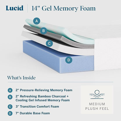 Lucid 14 Inch Memory Foam Mattress - Medium Plush Feel - Infused with Refreshing Bamboo Charcoal and Cooling Gel - Bed in a Box - Temperature Regulating - Pressure Relief - Breathable - Twin XL Size