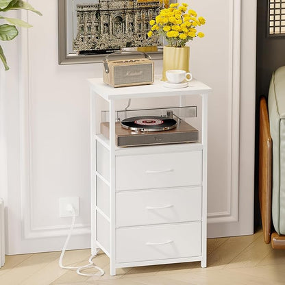 Fixwal White Night Stand, Nightstand with Charging Station, End Table, Bedside Table with Fabric Drawers for Bedroom