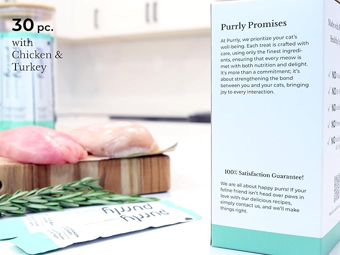 Purrly Interactive Lickable Cat Treats Low Calorie Human-Grade Chicken Breast & Turkey with L-Lysine & Astaxanthin for Immunity (30 Count) Non-Seafood Hydrating BPA-Free for All Ages-Mewly Pet