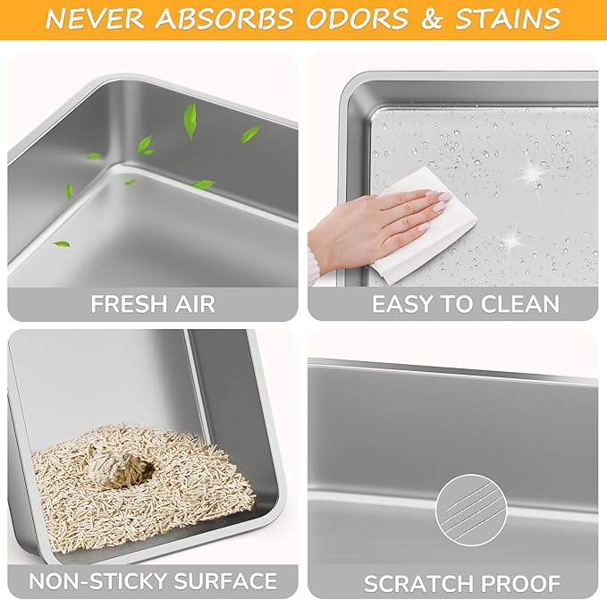 Stainless Steel cat Litter Box, Covered Metal Litter Box, cat Litter Pans with high Sides, Kitty Litter Boxes for Indoor Cats (Non Sticky, Easy to Clean, Anti-Urine Leakage) 17.5" L x 13.5" W x 4" H-Mewly Pet