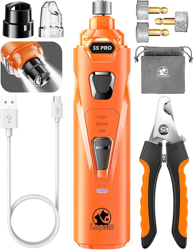 Dog Nail Grinder with 2 LED Lights Powerful 2 Speeds Super Quiet Dog Nail Trimmers with 3 Grinding Wheels Rechargeable Pet Dog Nail Clippers for Large Medium Puppy Dogs Dog Nail File Cat Nail Clipper-Mewly Pet