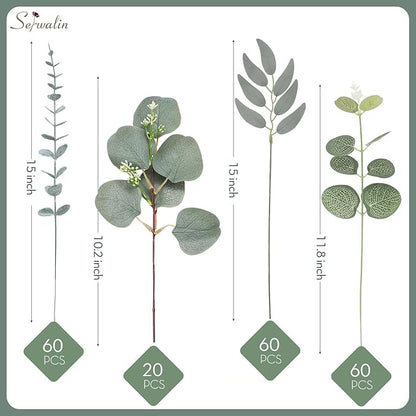 Serwalin 200pcs Artificial Mixed Eucalyptus Leaves Stems Bulk, 4Kinds Silver Dollar Eucalyptus Leaves Picks,Faux Eucalyptus Stems Sprays for DIY Bouquets Floral Arrangement Home Decor