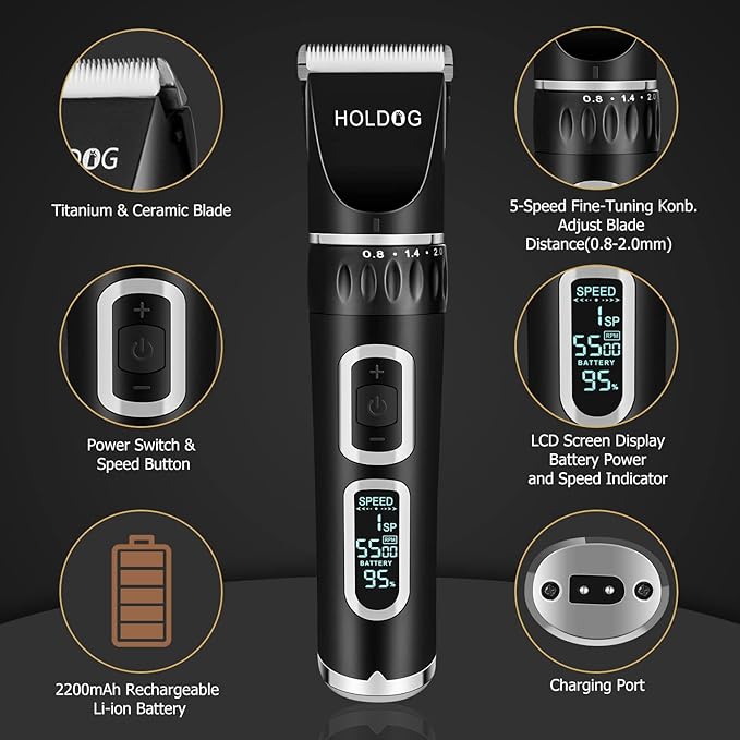 Dog Clippers Professional Heavy Duty Dog Grooming Clipper 3-Speed Low Noise High Power Rechargeable Cordless Pet Grooming Tools for Small & Large Dogs Cats Pets with Thick & Heavy Coats-Mewly Pet