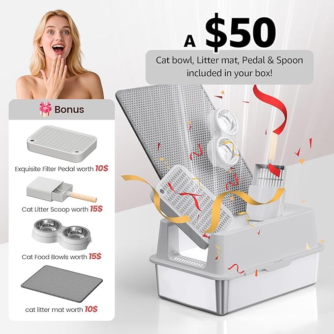 Stainless Steel Cat Litter Box - Enclosed XL Metal Kitty Litter Box with Lid for Big Cats, High Sided, Anti-Leakage, Easy Cleaning, Non-Sticky, Included Litter Mat, Cat Bowl & Spoon-Mewly Pet