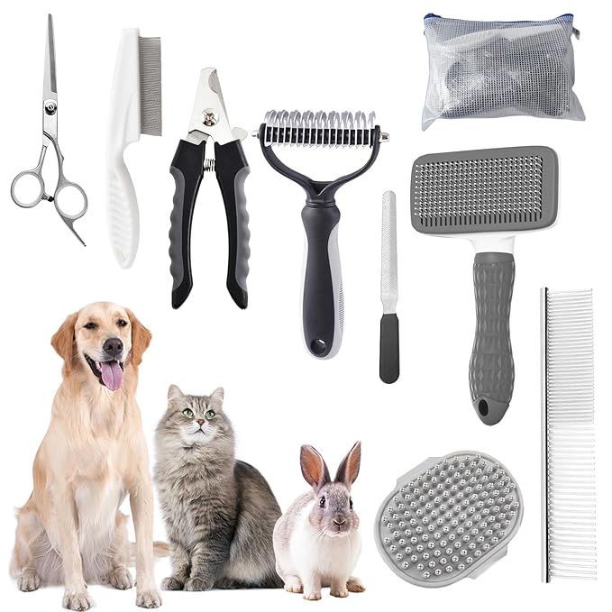 Dog Brush for Shedding,9 PCS in One Pet Slicker Hair Brush Kit with Pet Nail Clipper and File - Dog Cat Grooming Deshedding Undercoat Rake Brush Comb for All Small Large Dogs Cats Grey-Mewly Pet