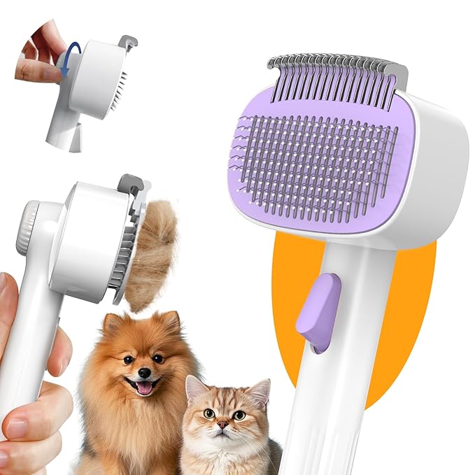 Self Cleaning Slicker Brush, 2-in-1 Cat Brush for Shedding, Skin Friendly Grooming Tool for Long & Medium-Long Hair Pets, Adjustable Bristle Length with Dematting Comb for Cats, Dogs (Purple)-Mewly Pet