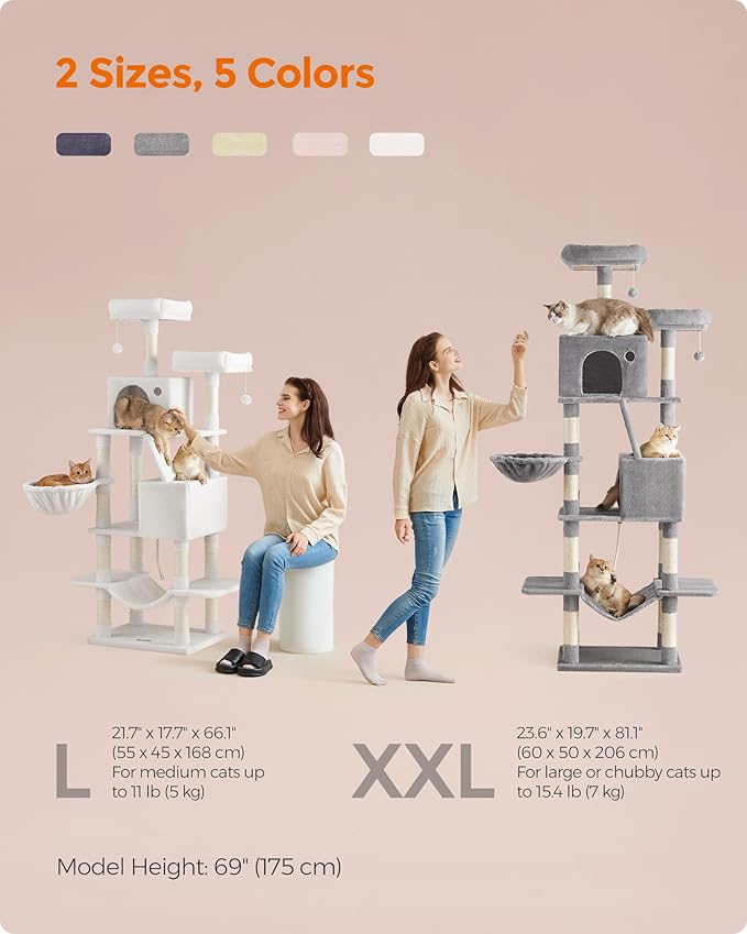 Feandrea Cat Tree, 81.1-Inch Large Cat Tower with 13 Scratching Posts, 2 Perches, 2 Caves, Basket, Hammock, Pompoms, Multi-Level Plush Cat Condo for Indoor Cats, Jelly Pink UPCT190P01-Mewly Pet