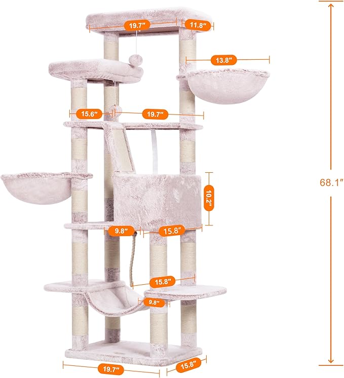 Heybly Cat Tree, 68 inch Multi-Level Cat Tower for Indoor Cats, 2 Widened Plush Perches Cat Condo with Scratching Board and Big Caves, Muchroom HCT025MU-Mewly Pet
