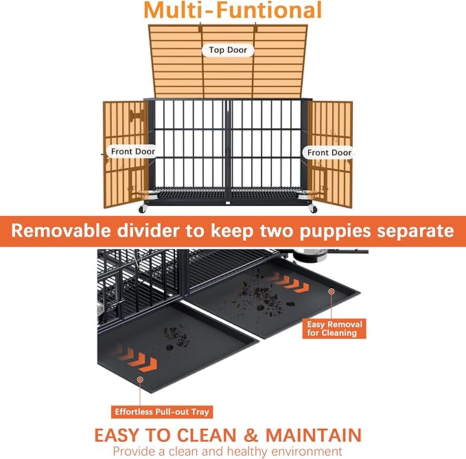 aboxoo 48/42 inch XL Dog Crate for Large Dog/Double Medium Dogs,Heavy Duty Metal Dog Cages,All Metal Open Top,Dog Kennel Indoor with Wheels,Floor Grid, Tray, Divider and Feeding Bowl-Mewly Pet