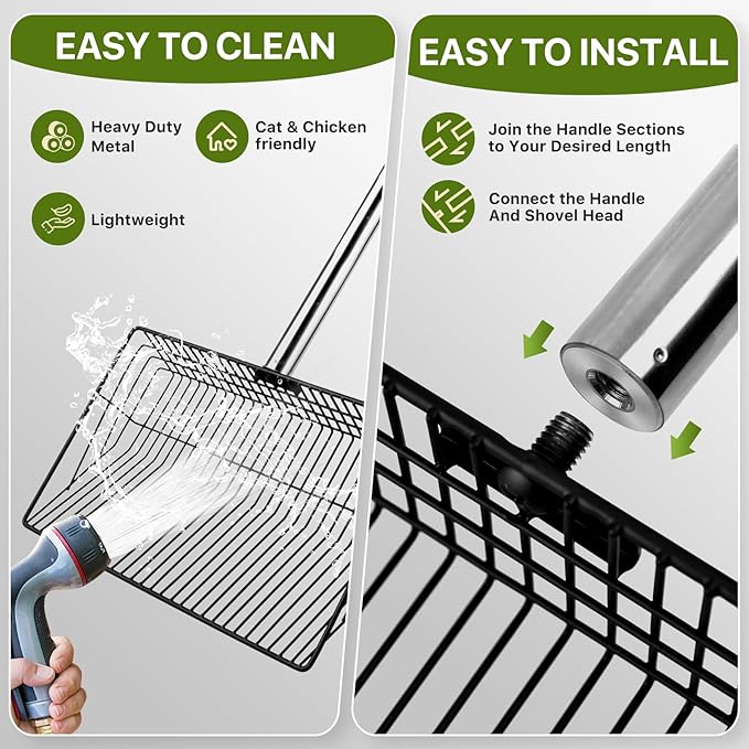 Chicken Poop Scooper with Long Handle- Coop Scoop with 24-68" Adjustable Stainless Handle, 4-in-1 Sifter Shovel for Poultry Waste Cleaning Accessories (Black)-Mewly Pet