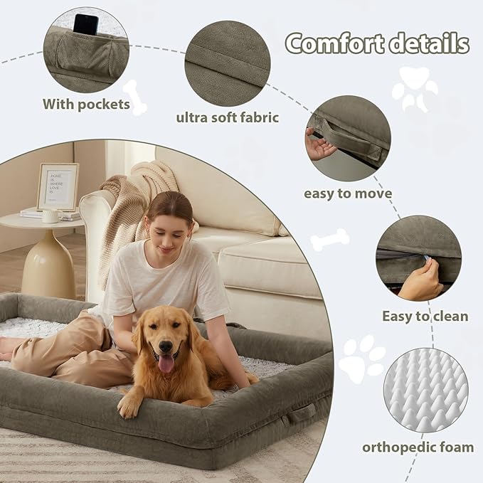 WNPETHOME Human Dog Bed for Adult, Washable Dog Couch with Removable Waterproof Cover, Orthopedic Large Pet Sofa Bed with Bolster Sides for Sleeping-Mewly Pet