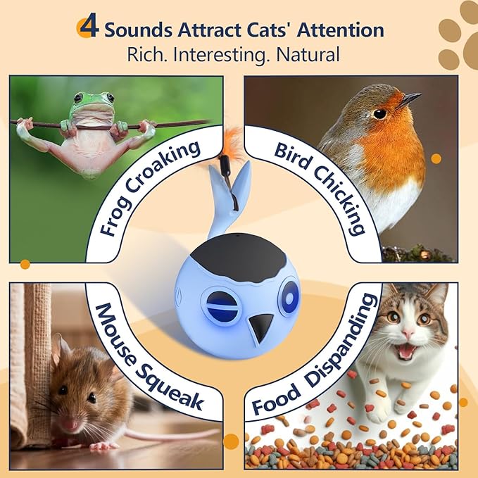 ORSDA Cat Toys, Interactive Cat Toy for Indoor Cats, Automatic Moving Ball Bird for Indoor Adult Cats Kitten Toys All Breeds, Fast Rolling Motion Activated Chirping Stimulating Light, 2 Feather Refill-Mewly Pet