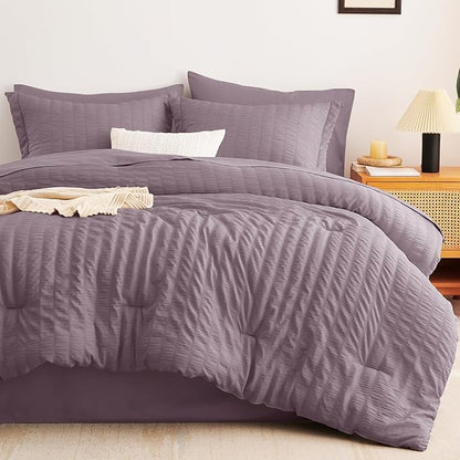 CozyLux Full Size Comforter Sets with Sheets Seersucker 7 Pieces Dusty Purple Bed in a Bag Textured Luxury Soft Bedding Set with Down Alternative Comforter, Sheets, Pillowcases & Shams for All Seasons