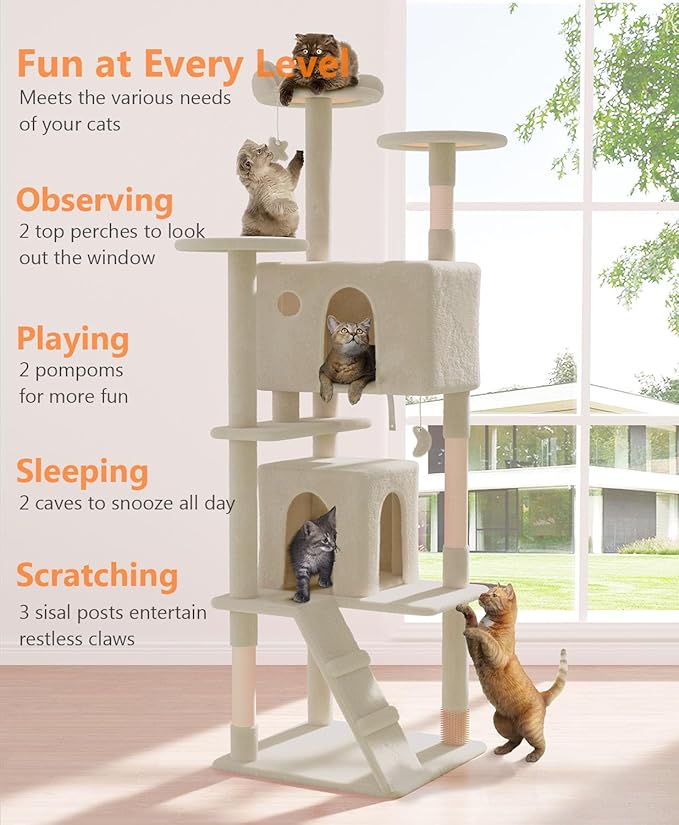 77'' Cat Tree Tower for Indoor Cats Large Adult, Cute/Tall Modern Cat Tree for Big Cats 20 lbs, Plush Multi-Level Cat Condo with Scratching Posts, Dangling Ball for Fun Play (Beige, 77 inch)-Mewly Pet