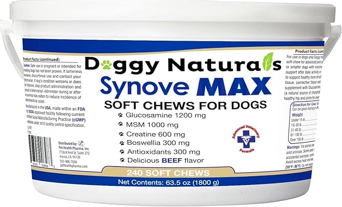 Synove Max Soft Chews for Dogs (240 Count) Beef Flavor, Joint Supplement, Glucosamine, Turmeric, Boswelllia serrata, Creatine Naturally Derived Ingredients better than synovi g4 soft chew-Mewly Pet