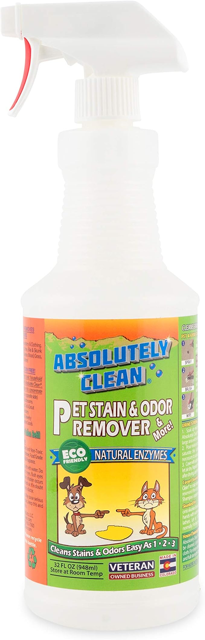 Absolutely Clean Amazing Pet Odor Eliminator for Home, Professional Strength: Natural Enzymes Remove Most Stains in 60 Seconds -Dog/Cat Urine, Vomit, Bile, Feces, Grass, Blood, Drool, More -USA Made-Mewly Pet