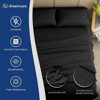 DREAMCARE Queen Sheet Set – 4 pcs Cooling Sheets – up to 21” Extra Deep Pocket Queen Sheets – Hotel Luxury Sheets & Pillowcases – Superior Softness 100% Fine Microfiber with Side Pocket – Black