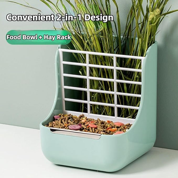 2 in 1 Food Hay Feeder for Guinea Pig, Rabbit Feeder, Indoor Hay Feeder for Guinea Pig, Rabbit, Chinchilla, Feed Bowls Use for Grass & Food (Blue)-Mewly Pet