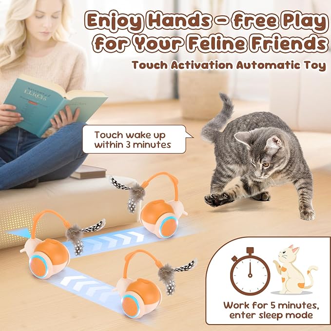 SlowTon Cat Interactive Toy for Indoor Cats - Remote Control Automatic Smart Moving Cat Toys with 2 Modes, Rechargeable Kitten Feather Toys for All Breeds of Bored Cats(Orange)-Mewly Pet