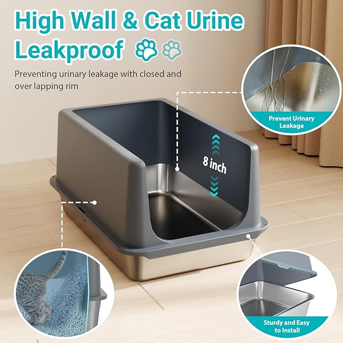 LIHONG Stainless Steel Litter Box with Lid, XL Metal Cat Litter Tray for Indoor Cats, Enclosure Cat Litter Pan for Large Cats, Non-Sticky Large Kitty Litter Box, Anti-Leakage, 23.5" X 15.6" X 12"-Mewly Pet