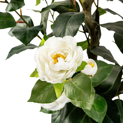 Artificial Camellia Tree 2 Pack, Artificial Plants Outdoor Faux Floral Plant in Cement Pot Fake Silk Camellia Tree Plants for Home House Living Room Office Decor