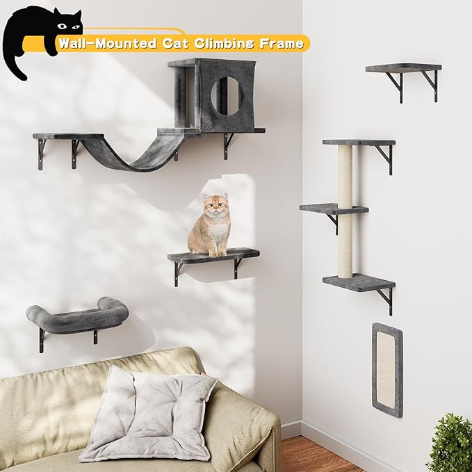 NUNU LAB Wall Mounted Cat Furniture, 6 Pcs Cat Wall Shelves with Condo House, Bridge, Steps, Scratcher, Hammock, Indoor Safe & Stable Furniture for Kittens Play, Dark Gray-Mewly Pet
