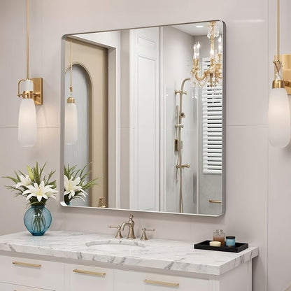 36x36"Bathroom Vanity Mirror for Wall, Aluminum Framed, Farmhouse Rectangle, Anti-Rust, HD Reflection Anti-Desilvering, Distortion Free, Tempered and Shatter-Proof Wall Mounted Mirror, Silver