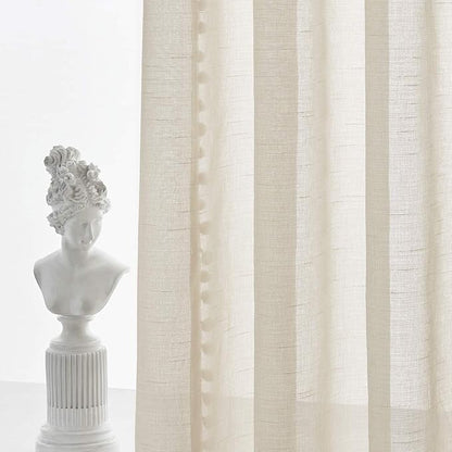 Treatmentex Pom-Pom Polyester Sheer Curtains for Office Outdoor Curtains Bedroom Window Drapes 108 inches Long Rod Pocket Curtain Set for Living Room 2 Pack, Beige