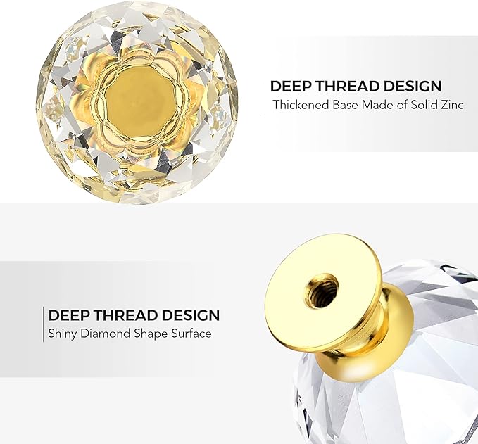 Ravinte 30 Pack Crystal Drawer Knobs - Glass Cabinet Knobs, Diamond Shaped, 30 mm, Gold Base