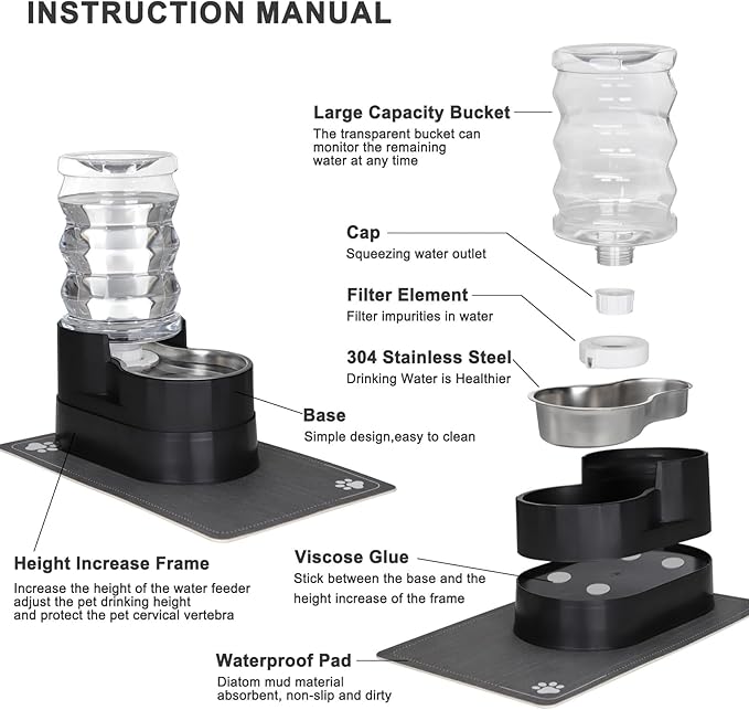 RIZZARI Automatic Cat Water Dispenser: Black 7L Elevated Fountain - Stainless Steel Gravity Feeder - Splash Guard Mat-Mewly Pet