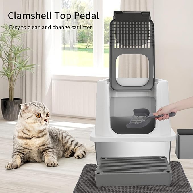 RIZZARI Stainless Steel Cat Litter Box, Odorless Enclosed Litter Box with Top Holes, Large Litter Pan for Small to Large Sized Cats (Dark Gray, 23.8" L*15.9" W*16.1" H)-Mewly Pet