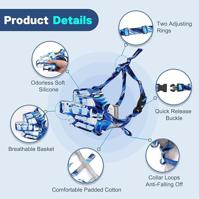 Basket Muzzle to Prevent Biting, Dog Muzzle for Large Medium Small Dogs Allows Panting Drinking Anti Chewing, Perfect for Grooming Trimming Training and Aggressive Reactive Dogs (Blue, Size 5)-Mewly Pet