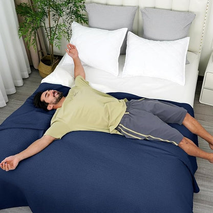 PHF 100% Cotton Waffle Weave Blanket King Size for Bed,Snag Proof Lightweight Breathable Throw for Couch,Great for Layering in Cold Weather,Machine Washable,Home Decor Gift-Navy Blue/Bright Blue