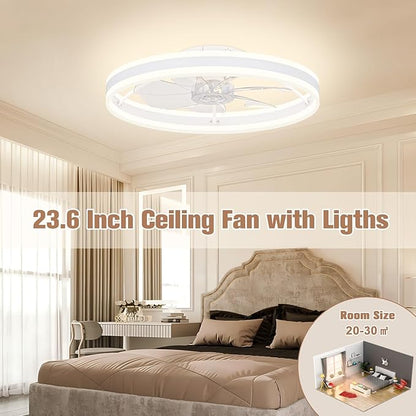 VOLISUN Low Profile Ceiling Fans with Lights and Remote, 23.6in Flush Mount Ceiling Fans with Light, 3000K-6500K Dimmable Fandelier LED Fan Light, White Bladeless Ceiling Fans with Lights for Bedroom