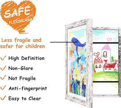 KINLINK 8.5x11 Kids Art Frames Set of 2, Solid Wood Kids Artwork Frames Changeable with Acrylic Front Opening Holds 150 Pictures, Art Frame for Kids Artwork with Mat or without Mat, Rustic White