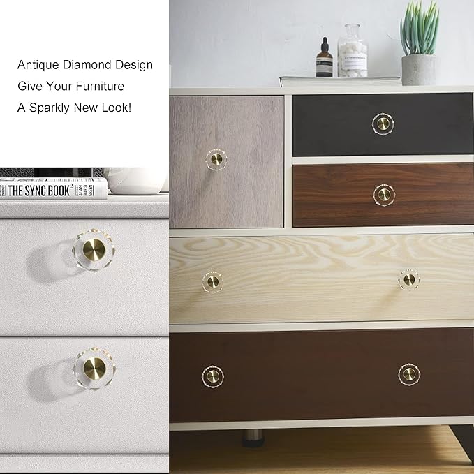 QOGRISUN 15-Pack Brass Crystal Cabinet Knobs, Glass Crystal Gold Drawer Knobs, 1-1/4-Inch Polygon, Decorative Dresser Pulls, Modern Cabinet Hardware