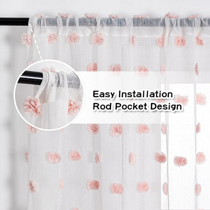 MYSKY HOME Short Curtains for Small Window 54 Inches Long Kitchen Pink Pom Pom Sheer for Bedroom Living Room Cafe Nursery Girls Kids Rod Pocket 2 Sets Boho Voile 37 x 54 in