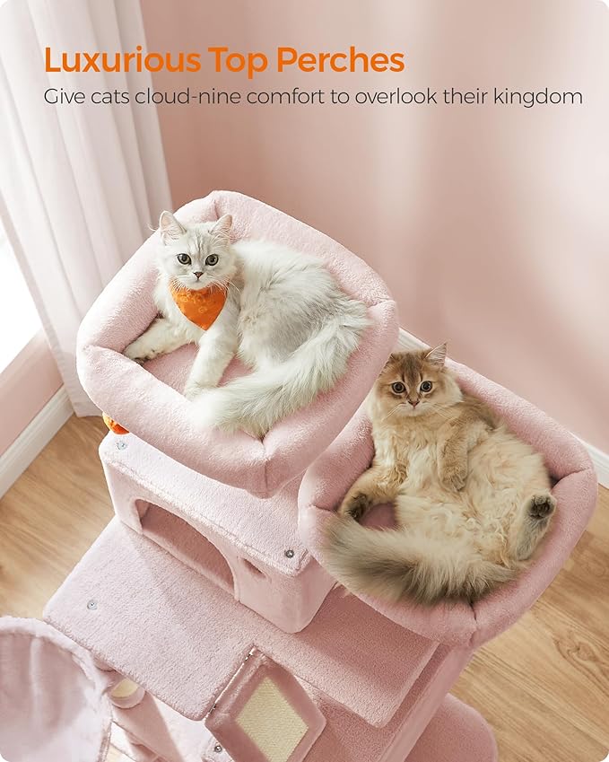 Feandrea Cat Tree, 66.1-Inch Large Cat Tower with 13 Scratching Posts, 2 Perches, 2 Caves, Basket, Hammock, Pompoms, Multi-Level Plush Cat Condo for Indoor Cats, Jelly Pink UPCT165P01-Mewly Pet