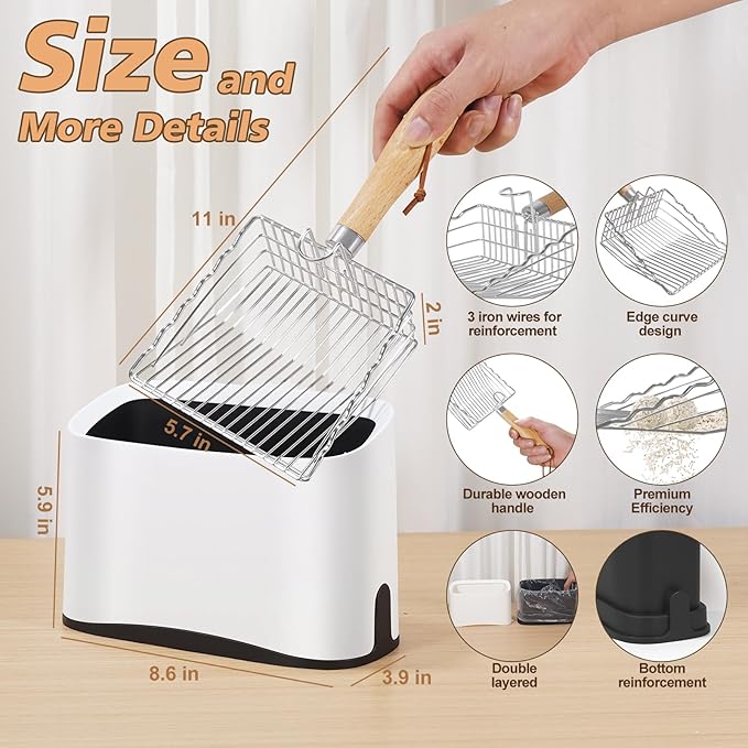 Metal Cat Litter Scoop with Holder, Poop Scooper with Stand&2 Rolls of Garbage Bag, Heavy Duty Stainless Steel Shovel with Wooden, Kitty Quick Sifter for Easy Cleaning, Essential Item for Cat-Mewly Pet