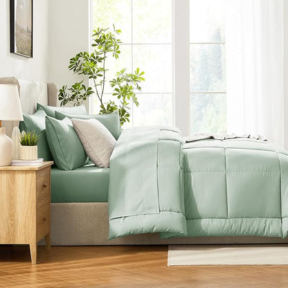 CozyLux King Size Comforter Set Sage Green, 7 Pieces Bed in a Bag, Green Comforter King Size, All Season Bedding Sets with Stitch Quilted Comforter, Flat Sheet, Fitted Sheet, Pillowcases