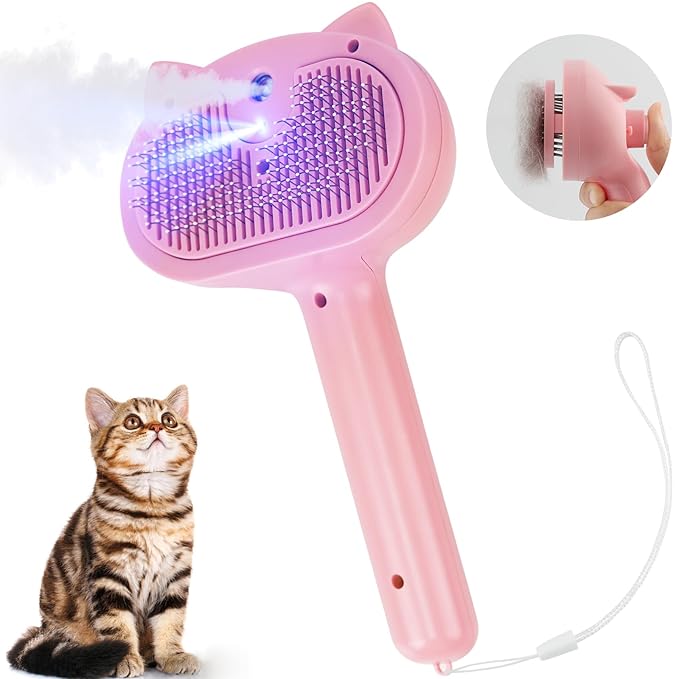 Cat Steam Brush for Shedding, 4 in 1 Steamy Cat Brush with Release Button, Self Cleaning Metal Pet Misting Hair Comb with Handle for Grooming Kitten Dog(Pink)-Mewly Pet