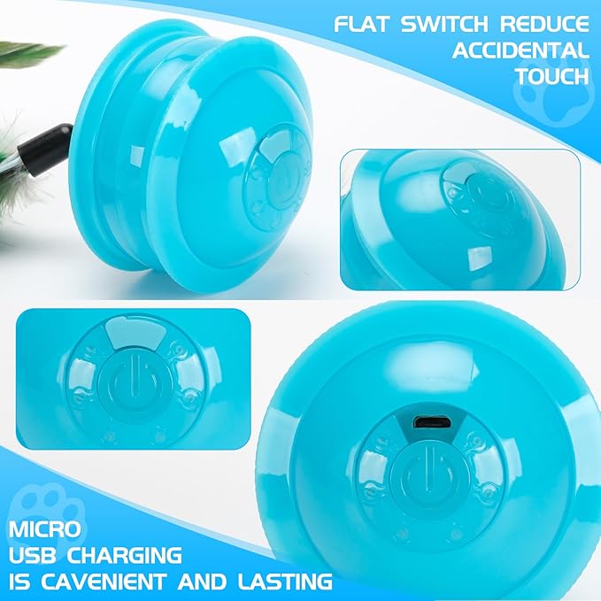 Cat Feather Toy Ball Automatic Moving Interactive Cat Toys for Indoor Cats, Self Rolling Electric Smart Tumbler Ball with Colorful Light and Big Feather Chasing Game (Blue)-Mewly Pet
