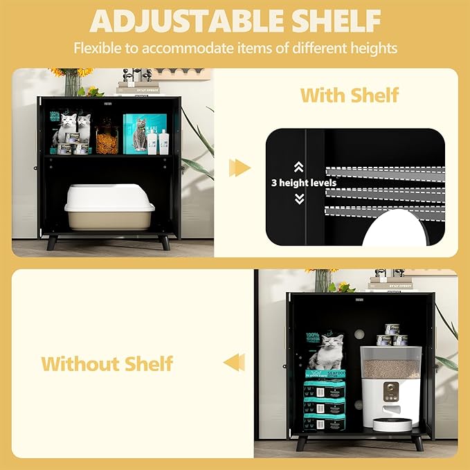 Lovinouse Large Cat Litter Box Enclosure,Hidden Kitty Litter Furniture with Sisal Covered Doors,2-Layer Wooden Cat Washroom Cabinet w/Adjustable Shelf, Side Table for Living Room,Black-Mewly Pet