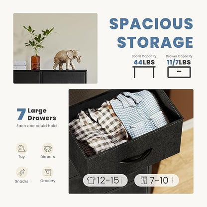 DUMOS Dresser for Bedroom with 7 Drawers, Storage Organizer Units Furniture, Chest Tower TV Stand with Fabric Bins, Metal Frame, Wooden Top for Nursery, Living Room, Bedroom, Closet, Black01