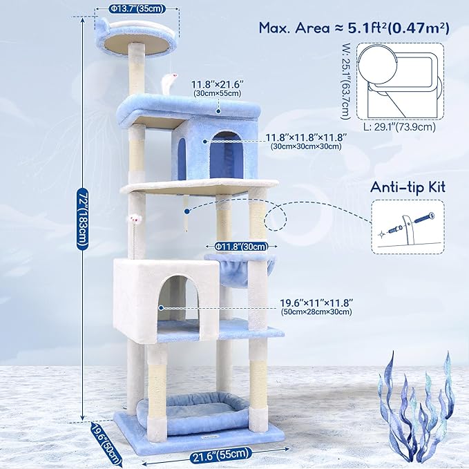 Globlazer Heavy Duty Cat Trees for Large Cats, Sturdy 72in Maine Coon Cat Tree for Large Cats 20 lbs+ Heavy Duty Cat Tower for Adult Biggest Cat with 6 Scratching Posts, Hammock, S72, Ocean Blue-Mewly Pet