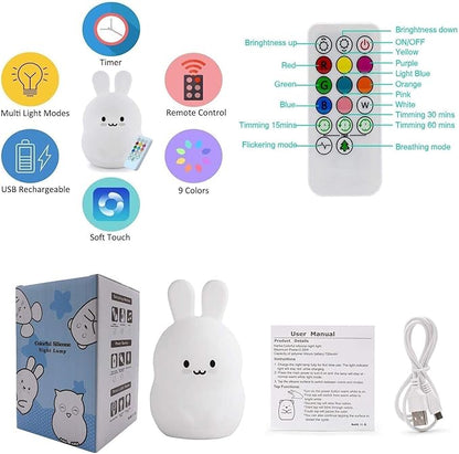 Night Light, Big Size Night Light for Kids, Bedside Lamp, Multicolor Light with Remote Control, Break Resistant, Eye Caring, Adjustable Brightness & Color, Timing Function - Large Rabbit