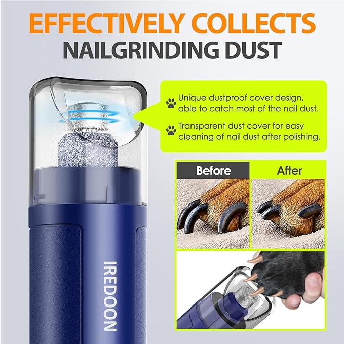 Dog Nail Grinder Upgraded - Professional 3-Speed Super Quiet and Low Vibration Electric Pet Nail Grinder with 4 LED Lights - Painless Paws Grooming & Smoothing for Small to Large Dogs (Blue)-Mewly Pet