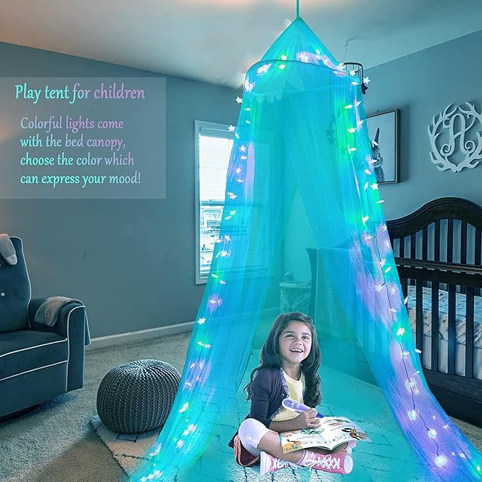 Obrecis Bed Canopy with LED Star Lights, Princess Canopy Bed Curtain with 18 Colors Changing String Lights Remote Timer for Girls Bedroom, Pink Red Blue White Dome Canopy for Twin to King Size Bed