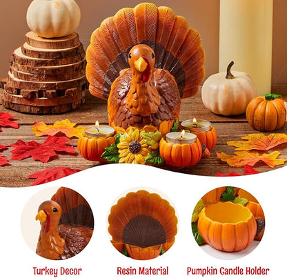 JOYIN Thanksgiving Turkey Candle Holders, Thanksgiving Turkey Tabletop Centerpiece Decor, Fall Centerpiece Table Decorations, Tea Light Pumpkin Candle Holder, Indoor Home, Kitchen Autumn Decor