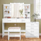 Quimoo 48" Large Vanity Desk with Mirror & Lights, Makeup Vanity Table with 6 Drawers & Power Outlet, 6 Open Storage Shelves, Vanity Desk Set with Stool, for Women Girls, White